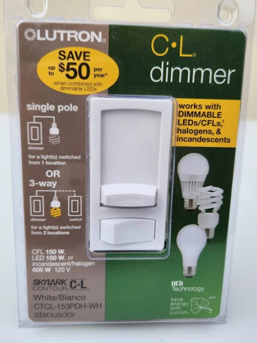 NEW Lutron Skylark Contour CL Light Bulb Dimmer CTCL-153PDH-LA 120V 60Hz 150W Li